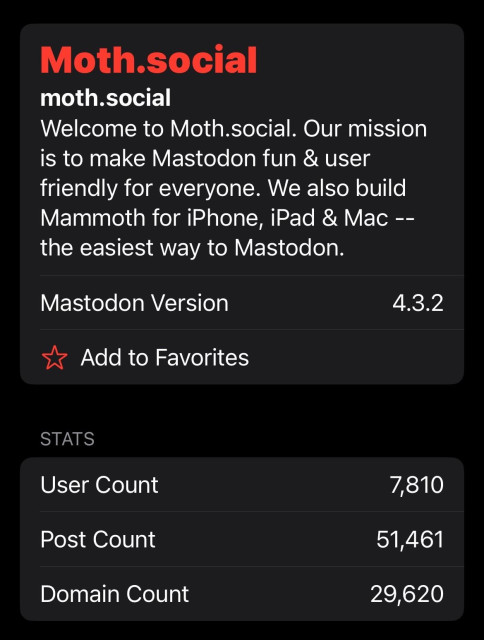 A screen displaying information about Moth.social, a social network platform, including its mission to make Mastodon user-friendly. It features the Mastodon version (4.3.2), and a stat about 7,800 users. 