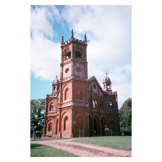 The Gothic Temple at Stowe, an imposing redbrick Gothic folly.