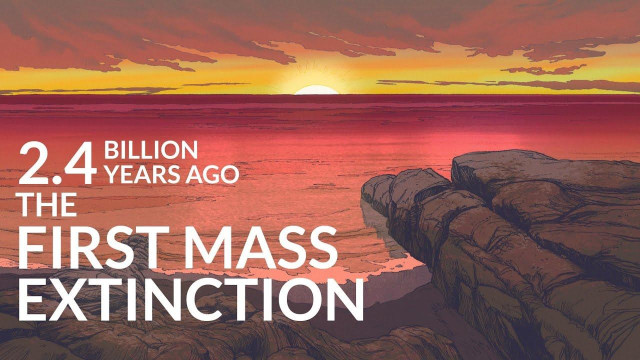 "An illustration depicting a sunset over a calm, reddish-hued ocean. Dark, rocky formations are visible in the foreground on the right.  

Text overlayed on the image reads "2.4 BILLION YEARS AGO THE FIRST MASS EXTINCTION".

Provided by @altbot, generated using Gemini"