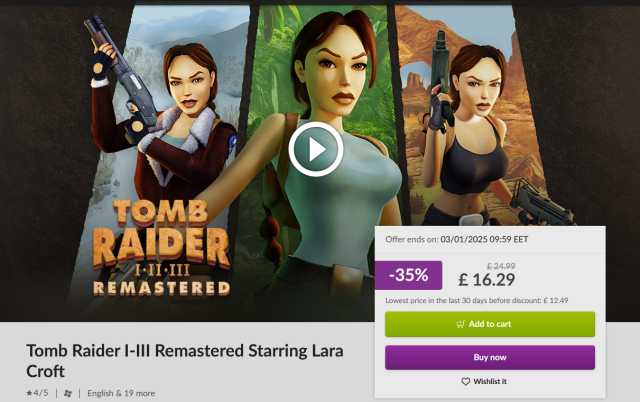 Screenshot of the gog page for Tomb raider I-II-III remastered. You can see lara croft from all three different games, in a 'remastered' way. Basically less pixellated. It doesn't look bad but I don't really see the point especially given that Tomb Raider I was already remastered in Tomb Raider Anniversary..