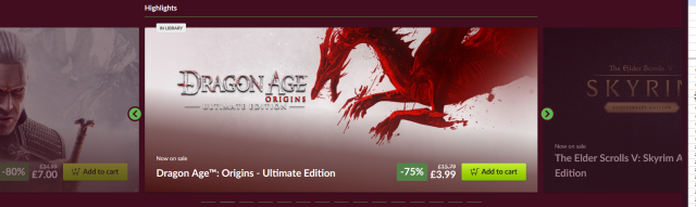 A screenshot of the gog main screen with Dragon Age selling for £4 only!!