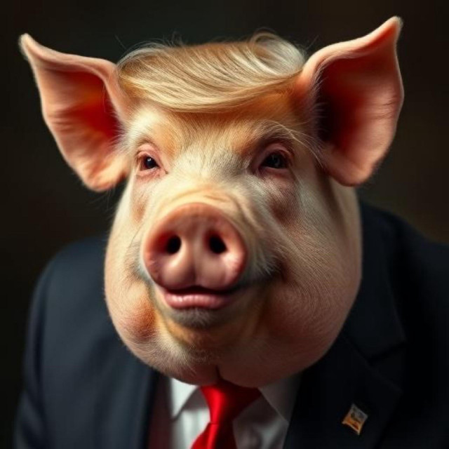 Un cochon ressemblant à Trump, portant un costume noir et une cravate rouge, apparaît dans un portrait stylisé et humoristique.