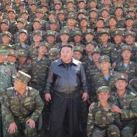 North Korean leader Kim Jong-Un with troops during an inspection at a military training base at an undisclosed location in North Korea, October 2, 2024