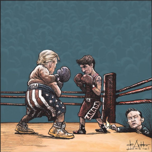 DeAdder toon. Trump & Trudeau are facing off in a boxing ring. From offside, Poilievre is seen surreptitiously reaching into the ring at floor level and lighting a fuse on Trudeau's back foot.