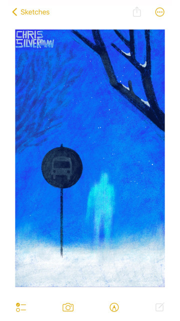 A winter night. The ground is covered in snow. The sky is deep blue and filled with stars. A hazy, bluish humanoid form that looks like a ghost stands next to a round sign with a bus icon on it. On the left side of the painting is a blurry collection of dark tree branches in the distance. On the right side are black, more sharply defined branches with snow on them.