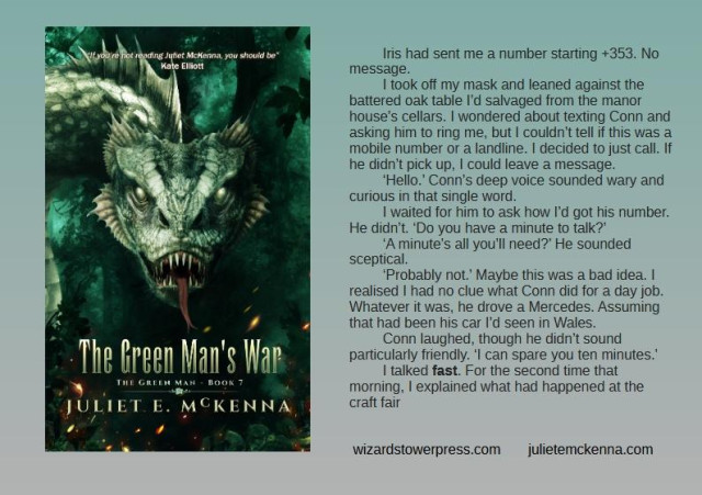 Cover art shows a lethal, pale-scaled serpent-dragon or wyrm lurking in woodland. It looks straight at you as its forked tongue flickers between open, sharp-toothed jaws.

Book extract reads: Iris had sent me a number starting +353. No message.
I took off my mask and leaned against the battered oak table I’d salvaged from the manor house’s cellars. I wondered about texting Conn and asking him to ring me, but I couldn’t tell if this was a mobile number or a landline. I decided to just call. If he didn’t pick up, I could leave a message.
‘Hello.’ Conn’s deep voice sounded wary and curious in that single word.
I waited for him to ask how I’d got his number. He didn’t. ‘Do you have a minute to talk?’
‘A minute’s all you’ll need?’ He sounded sceptical.
‘Probably not.’ Maybe this was a bad idea. I realised I had no clue what Conn did for a day job. Whatever it was, he drove a Mercedes. Assuming that had been his car I’d seen in Wales.
Conn laughed, though he didn’t sound particularly friendly. ‘I can spare you ten minutes.’
I talked fast. For the second time that morning, I explained what had happened at the craft fair