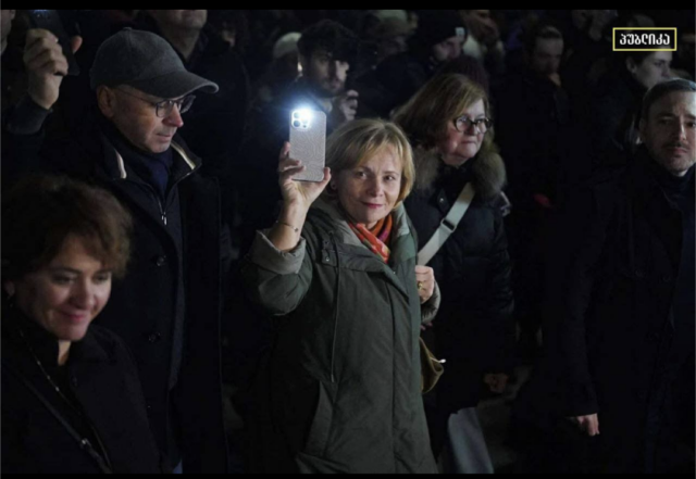 Rasa Jukneviciene holds her mobile phone aloft with the light on with protestors in Tbilisi Georgia