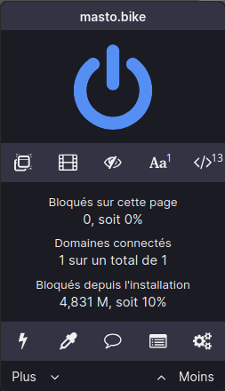 Capture d'écran de l'applet UblockOrigin avec 0 trackers bloqués sur le site masto.bike