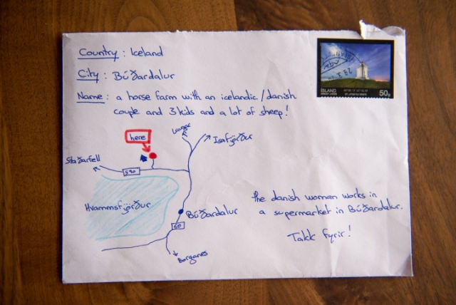 A letter with a hand-drawn map to "a horse farm with an icelandic/danish couple and 3 kids and a lot of sheep!" which includes the note, "the danish woman works in a supermarket in Búðardalur."