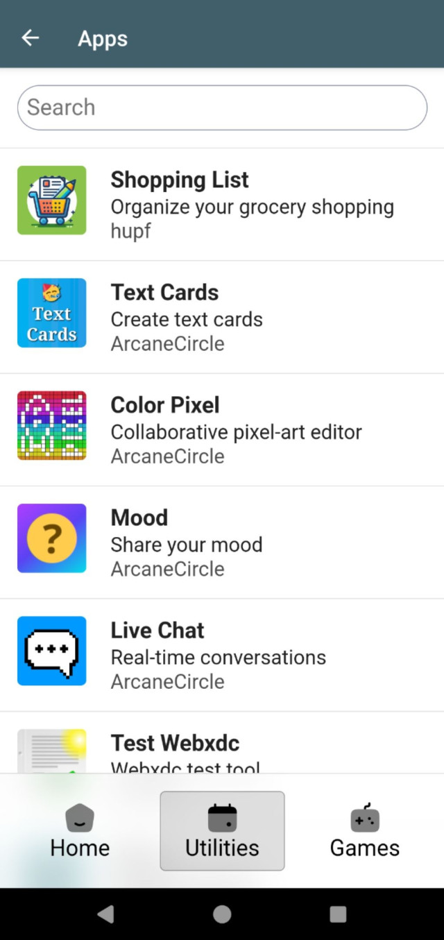 The attach app screen. It shows a straight forward app list and a search bar.  The app list has "shopping list" "text cards" and other utilities.  The app store is in the utility tab. Next are games and home