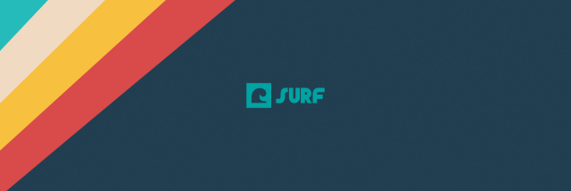 Logo for new social web app called Surf, with teal, cream, mustard and light red "rainbow" in left corner and Star Wars-style font for the word SURF