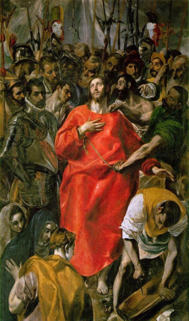 El Greco's "The Disrobing of Jesus" showing conquistadors in armor disrobing a shacked Jesus wearing an orange tunic.