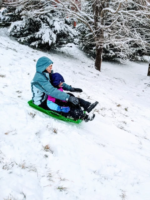 My wife and stepdaughter sledding down a snowy hill at our old house