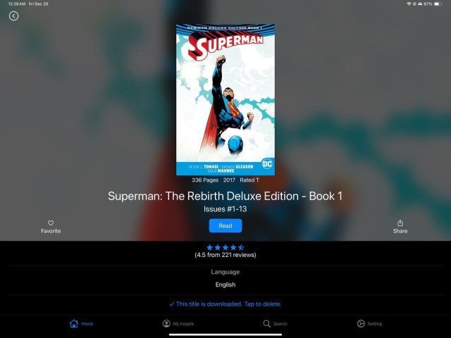 Screenshot of Hoopla app. Superman rebirth deluxe edition book 1 is displayed as checked out and read to read. Superman is flying through clouds. 