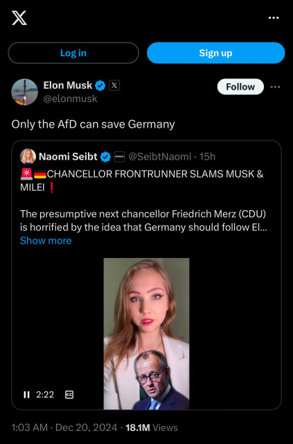 Tweet by Elon Musk, “Only the AfD can save Germany.”