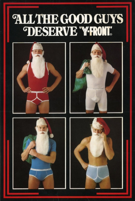 Vintage ad for Y-Front underwear. Four photos of men wearing underpants, fake beards, and Santa hats. Text reads: "All the good guys deserve Y-Front"