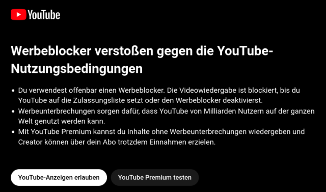  Werbeblocker verstoßen gegen die YouTube-Nutzungsbedingungen

    Du verwendest offenbar einen Werbeblocker. Die Videowiedergabe ist blockiert, bis du YouTube auf die Zulassungsliste setzt oder den Werbeblocker deaktivierst.
    Werbeunterbrechungen sorgen dafür, dass YouTube von Milliarden Nutzern auf der ganzen Welt genutzt werden kann.
    Mit YouTube Premium kannst du Inhalte ohne Werbeunterbrechungen wiedergeben und Creator können über dein Abo trotzdem Einnahmen erzielen.