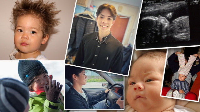 A collage of photos of my son, during various stages of his life, all the way from the ultra-sound picture before he was born, until he is driving a car, with a couple of images in between.