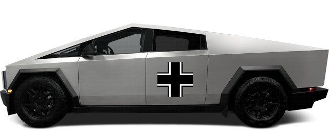 A grey Tesla Cybertruck (codename: Wankpanzer), adorned with the Iron Cross insignia of the World War II Deutsches Wehrmacht.