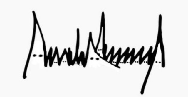 DonLd tRump’s signature made to look like a group of white hood wearing Nazi wannabes by adding two dots for eyes to each peak in the illegible signature. 