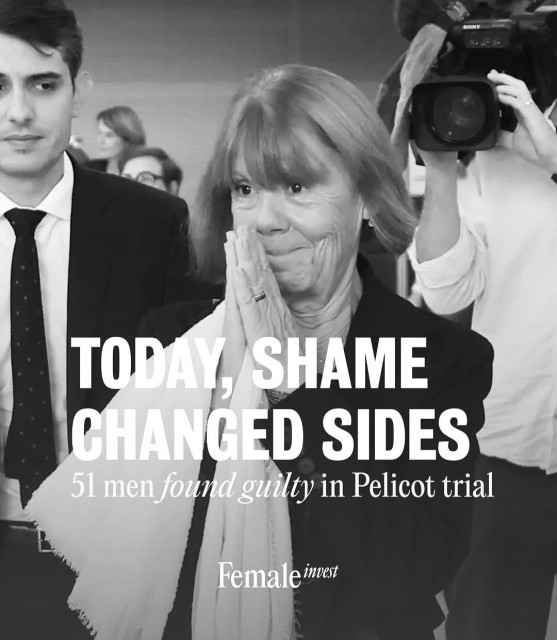 Black and white picture of Gisele Pelicot with folded hands and a strong facial expression with other people in the background 

Text: today, shame changed sides 
51 men found guilty in Pelicot trial 

By Female invest