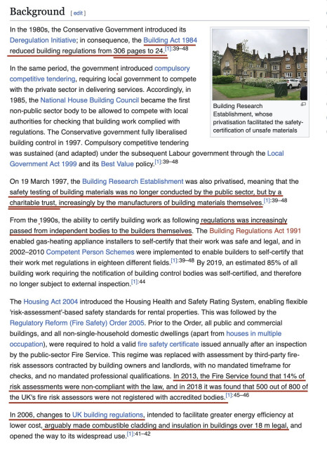 Screen-grab of an extract from Wikipedia page titled: "United Kingdom cladding crisis" which testifies to the catastrophic consequences of Thatcher lead 'deregulation'.
(Sorry ... text is too long to include here).

