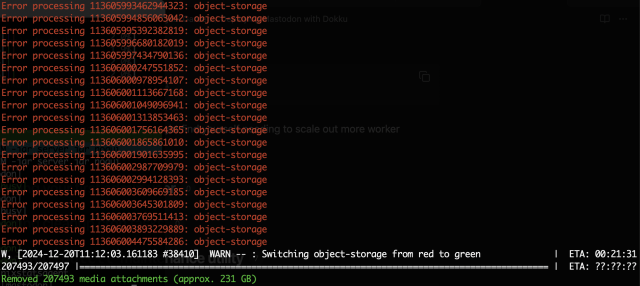 Console output for media remove tool. A lot of Error Processing lines followed by switching object storage from red to green.

It successfully removed 207,493 media attachments (Approx. 231GB)