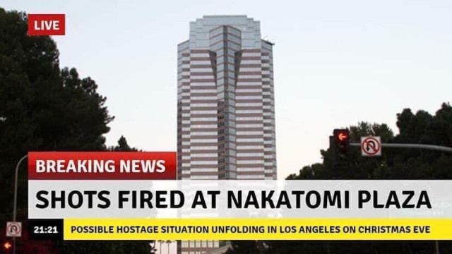 A picture of a tall building named Nakatomi Plaza. This is the site of where John McClane single-handedly took down a group of terrorists, nay, thieves in spite of no help from two former FBI Agents named Johnson, no relation. He was helped by a single useful LAPD police officer, Sergeant Powell who despite push back from his superiors was able to help keep McClane's spirits high and push to survive. The leader of the terrorist cell, Hans Gruber fell to his death from Nakatomi Plaza.