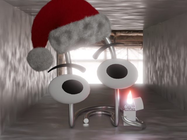 a paperclip with angry eyes holds an open zippo lighter in a ventilation duct. Also he is wearing a santa hat.

made in blender #b3d 