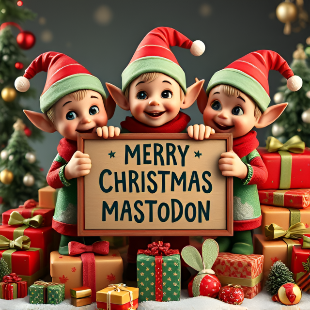 Three tiny elves surrounded by Christmas presents while holding a sign saying “Merry Christmas Mastodon”