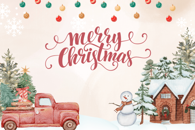 An image that says Merry Christmas and there is a Christmas scene with a snowman, some Christmas trees, lights around the top, a truck and some other festive stuff.