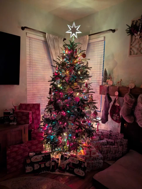 a photo of our Christmas tree lit up in the dark early hours of the morning, presents under it