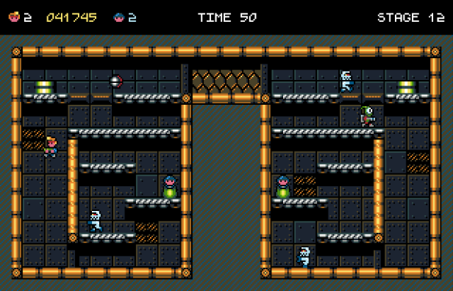 Stage 12 of Alien Intruder. The player character is airborne after a jump. Two crew member are wrapped on a cocoon and waiting to be rescued. There are a number of enemies on screen.