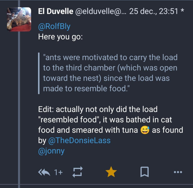 Screenshot of El Duvelle's toot with quote indented and with a vertical stripe to its left. 

Text see here 
https://neuromatch.social/@elduvelle/113715908886702519