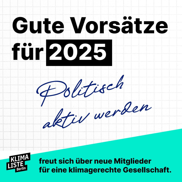 Schrift "Gute Vorsätze für 2025" auf weißem Notizbuch-Hintergrund. Darunter "Politisch aktiv werden".