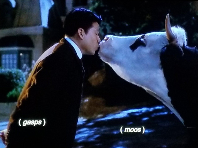 Star Trek Voyager scene. It's a romantic evening on the streets of a charming little town with I'm sure a folksy name like 'Fair Haven' or something. Harold Kim, dressed in an overcoat, leans in with a full heart and closed eyes and kisses a large black and white Holstein cow right on the mouth. Two closed captions are simultaneously present: On Harry's side of the screen the caption reads,  "(gasps)" and on the cow side of the screen the caption reads, "(moos)".