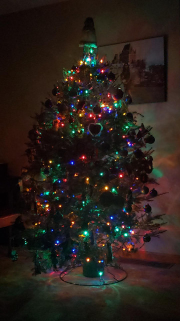 The Christmas tree at our house lit up only by coloured lights. An angel sits on top of the tree.