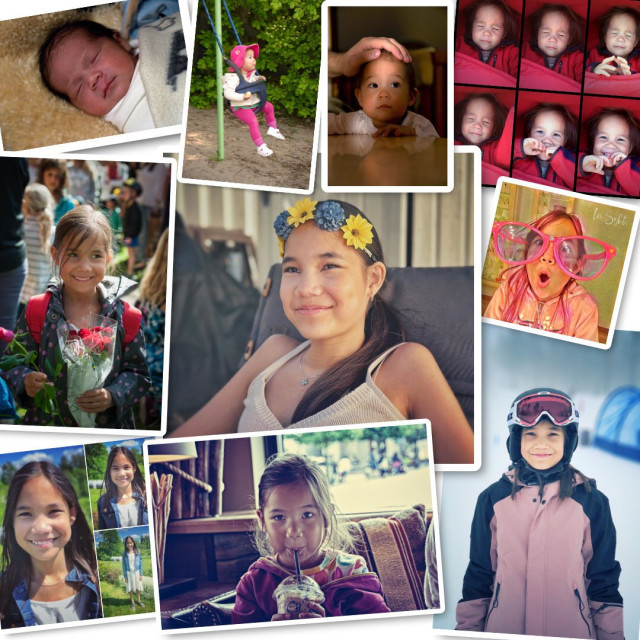 A collage of several photos of my daughter over the years, from newborn until recently, with photos of the years in between.