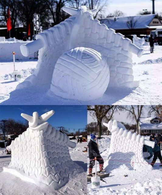 Collage of three pictures.
Snow sculpture probably 10 feet tall of giant knitting needles elevated and holding stockinette knit fabric in snow. Behind the angle of the needles is a large snow yarn ball.
Second photo is of sculpture from the front with needles tips pointing toward you and knit fabric tented like ship prow.
Third photo is from the side showing people and equipment and sculpting equipment.