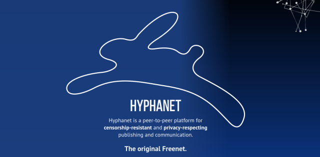 A white rabbit jumping from a dark network over the name Hyphanet.