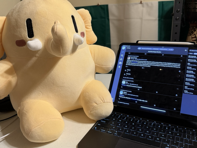 Plushtodon from Mastodon (a plushie) next to my iPad Pro 13 with Magic Keyboard.