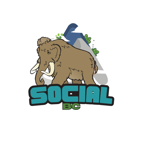 The Social BC logo on a transparent background, shows a brown wooly mammoth striding to the left as if he is moving away from large mountains behind him. The logo is triangular, tightly formed around and behind the mammoth. At the top of the triangle it is sky blue with little white clouds. There are little green leaves poking out along the top angles of the triangle mountain. On the base it appears that the mammoth is walking on a bold turquoise word SOCIAL that is curved slightly downwards and “BC” is in green in smaller font in the middle directly below.