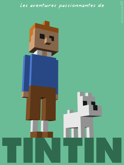 A semi-abstract voxel-style illustration of Tintin and his dog Snowy.