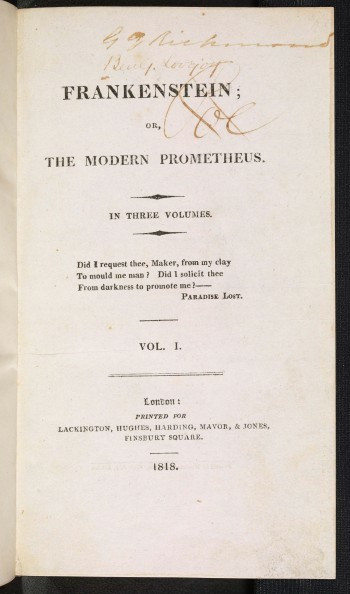 Frontispiece of Frankenstein’s first edition without any author’s name on it.
