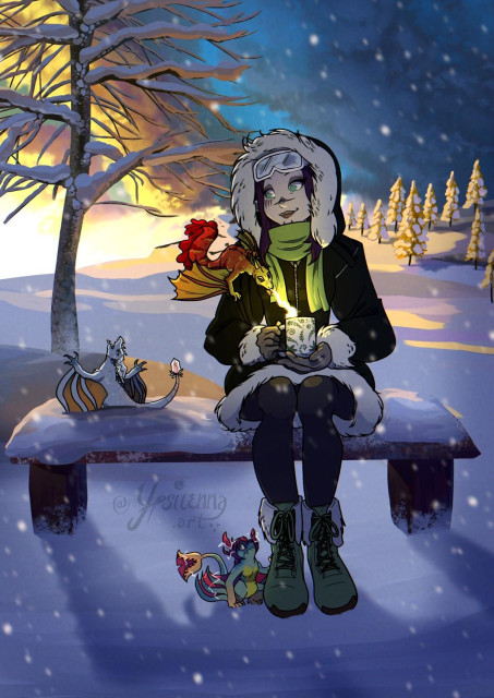 Drawing of a purple female elf in a winter coat sitting on a bench with small wyverns. There is snow all around them and the sun sets.