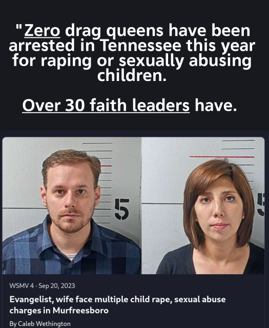 "Zero drag queens have been arrested in Tennessee this year for raping or sexually abusing children.

Over 30 faith leaders have. 

Evangelist, wife face multiple child rape, sexual abuse charges in Murfreesboro