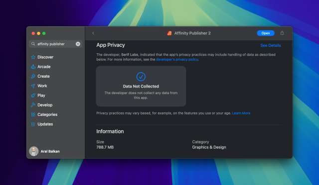 Screenshot of the Affinity Publisher 2 page on the Apple App Store. Under App Privacy, it says “Data Not Collected”