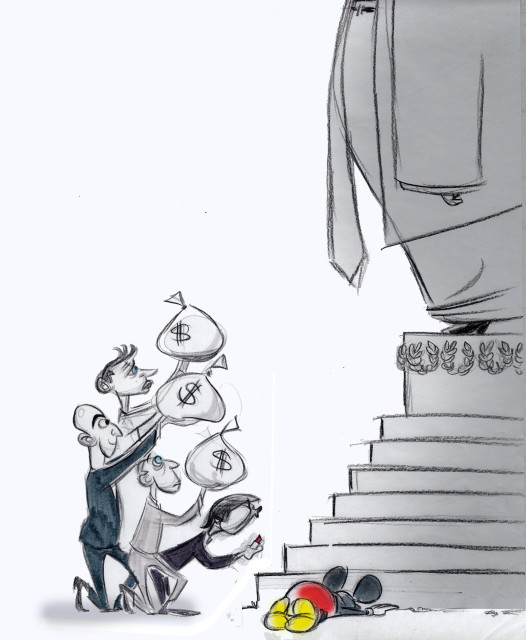 Editorial cartoon showing a group of men bowing down and offering bags of money to Trump, who is standing on a pedestal. The group of men includes Mark Zuckerberg/Facebook & Meta founder and CEO, Sam Altman/AI CEO, Patrick Soon-Shiong/LA Times publisher, the Walt Disney Company/ABC News (in the form of Mickey Mouse), and Jeff Bezos/Washington Post owner. 