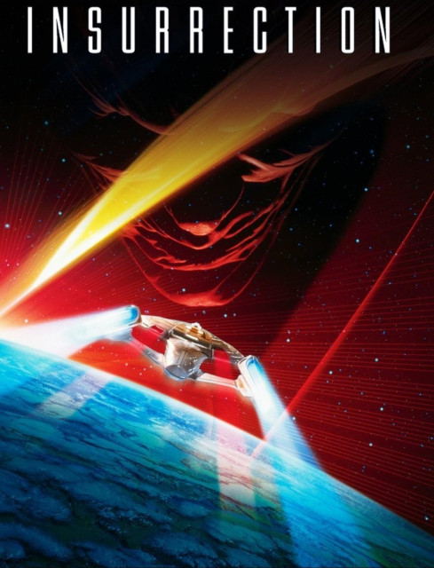 Movie cover art for the film Star Trek: Insurrection. There's a large planet across the lower half of the picture as if we're in orbit above and we see the USS Enterprise flying away from us at warp towards open space. There's a large menacing face looking down at the starship and planet, cloaked in red beams of light. Across the top reads, "INSURRECTION."