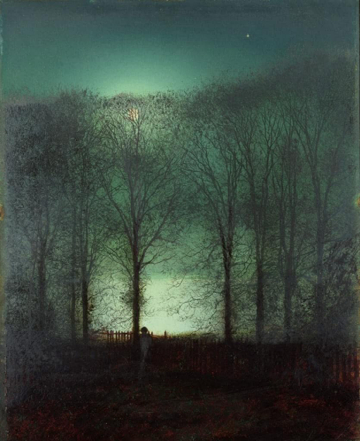 A moody painting of a tall copse of trees in the twilight. A pale moon is caught in the lacy branches of the black trees 